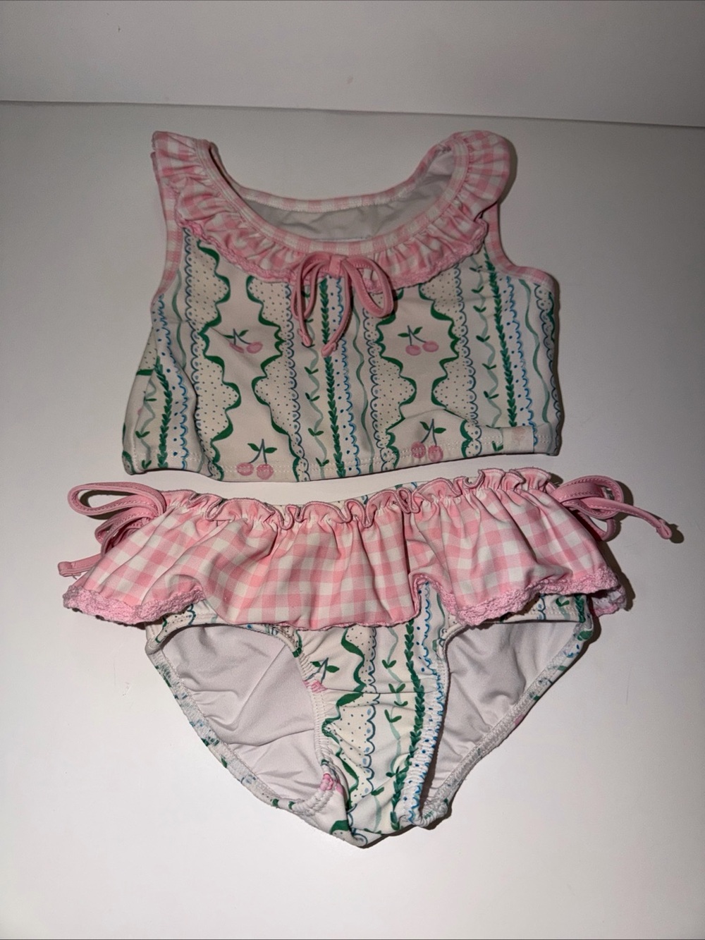 SweetHoney Pink and Green Floral Gingham Two-Piece Swim Set